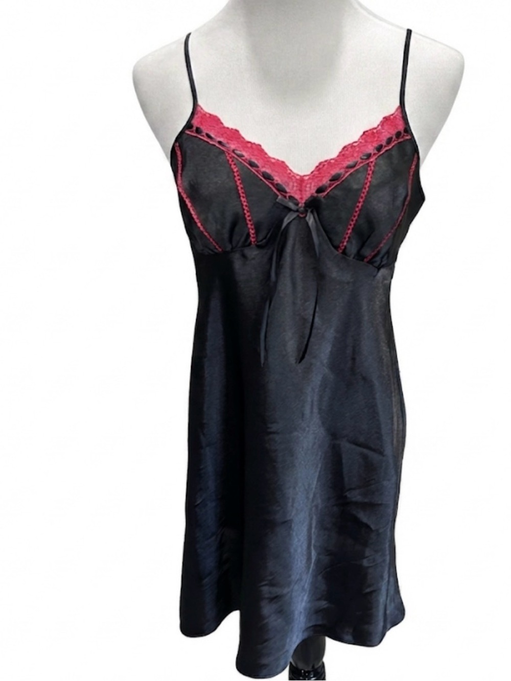California Dynasty Black Red Satin Chemise Slip Dress Nightgown Size M Flawed